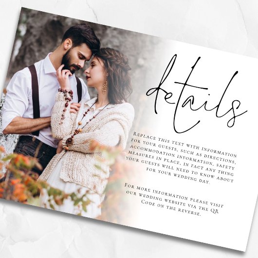Moderne foto overlay QR code details bruiloft Informatiekaartje