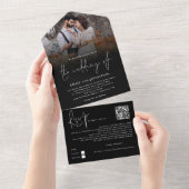 Moderne foto Overlay QR Code Script Bruiloft Zwart All In One Uitnodiging (Afscheurbaar)