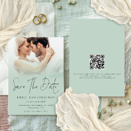Moderne foto Overlay QR Sage Groen Script Bruiloft Save The Date
