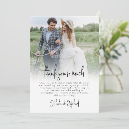 Moderne foto-overlay script Boho bruiloft bedankt Kaart (Staand voorkant)