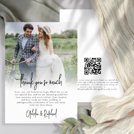 Moderne foto-overlay script Boho bruiloft bedankt Kaart