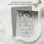 Moderne foto overlay script bruiloft vellum uitnodigingen