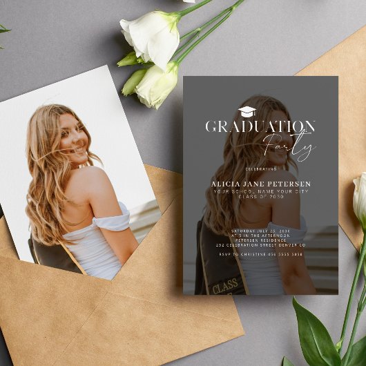 Moderne foto overlay script graduatie party kaart
