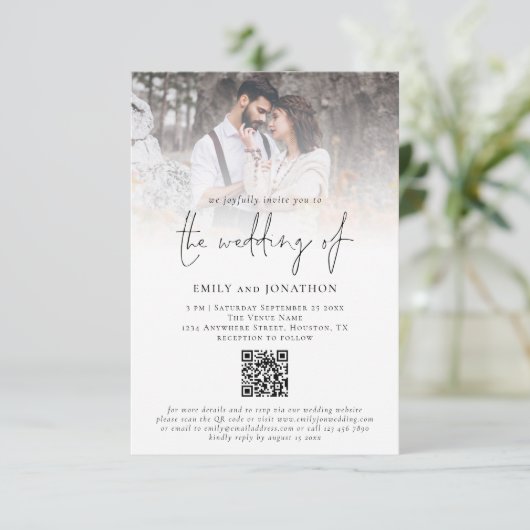 Moderne foto overlay script QR code bruiloft Kaart (Staand voorkant)