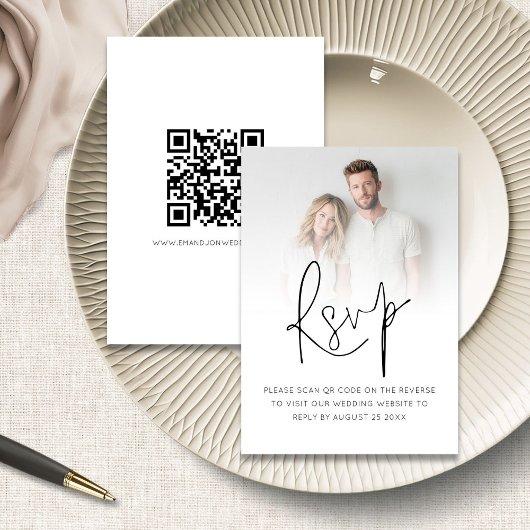 Moderne foto overlay script QR code bruiloft RSVP Kaartje