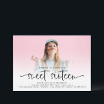 Moderne foto-overlay Script Sweet Sixteen Kaart<br><div class="desc">Moderne foto-overlayscript sweet-zestien. Minimalistische stijl voor uw 16e verjaardagsfeestje. Vervang eenvoudig de steekproeffoto met uw op de voorzijde, die achter een laag van de gradiëntopaciteit is zodat staat de tekst goed bij de bodem uit. U kunt tekstkleuren veranderen als u wenst om uw foto beter aan te passen via Edit...</div>