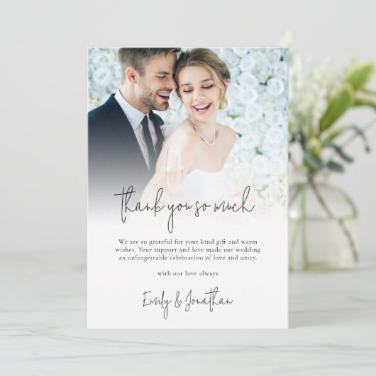 Moderne foto-overlay scriptweddenschap Bedankt Kaart (Staand voorkant)