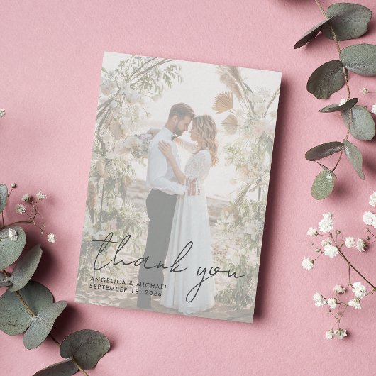 Moderne foto-overlay scriptweddenschap Bedankt Notitiekaartje