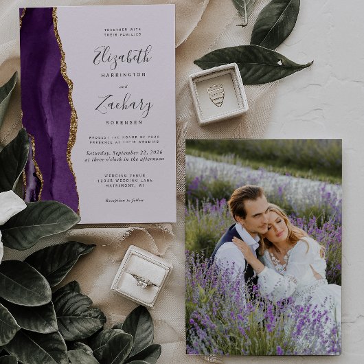 Moderne foto Paars Gold Agate Lavender Wedding Kaart