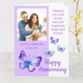 Moderne foto Paarse Blauwe Vlinders Jubileum Kaart (Gele Bloem)