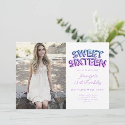 Moderne foto Paarse Blauwe Witte Ballonnen Sweet 1 Kaart (Staand voorkant)