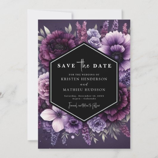 Moderne foto Paarse bloemen bruiloft Save The Date (Voorkant)