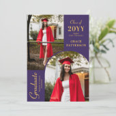 Moderne foto Paarse gouden Afstuderen aankondiging (Staand voorkant)