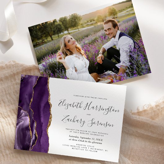 Moderne foto Paarse gouden agaat bruiloft Kaart