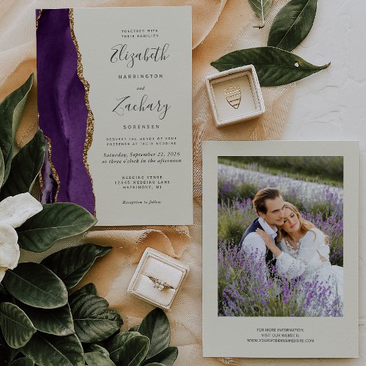 Moderne foto Paarse gouden agaat ivoor bruiloft Kaart