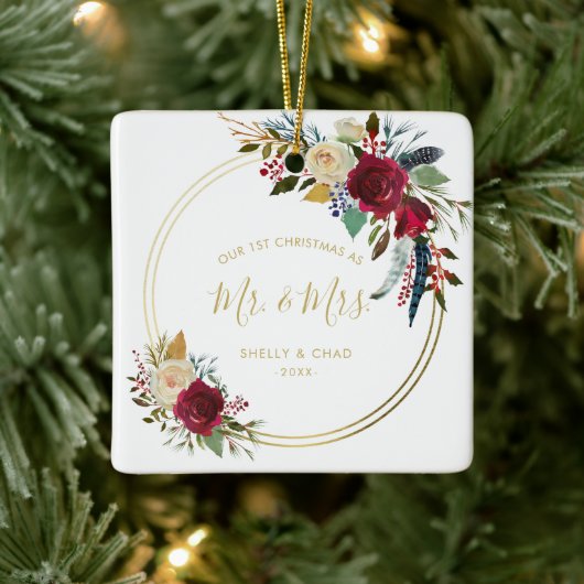 Moderne foto Pas getrouwd Elegant Onze Eerste Kers Keramisch Ornament (Boom)