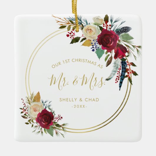 Moderne foto Pas getrouwd Elegant Onze Eerste Kers Keramisch Ornament (Voorkant)