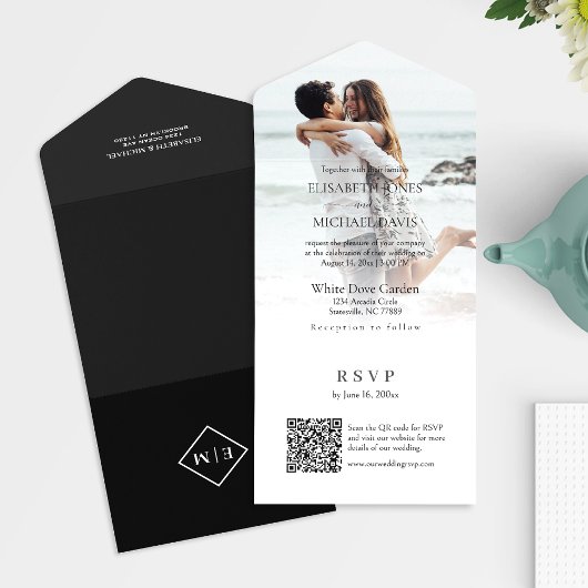 Moderne foto QR Code Black Wedding All In One Uitnodiging