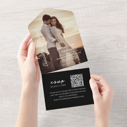 Moderne foto QR Code Black Wedding All In One Uitnodiging (Afscheurbaar)