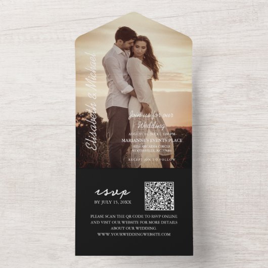 Moderne foto QR Code Black Wedding All In One Uitnodiging (Binnen)