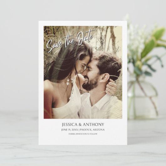 Moderne foto QR Code Bruiloft Save the Date Kaart (Staand voorkant)