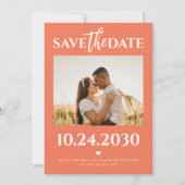 Moderne foto QR code fel sinaasappel bruiloft Save The Date (Voorkant)
