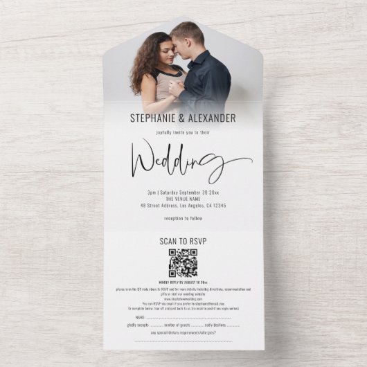 Moderne foto QR Code Guest Name Adressen Weddensch All In One Uitnodiging (Binnen)