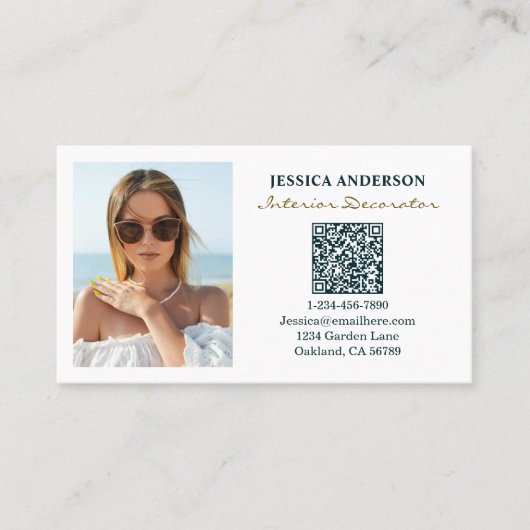 Moderne foto QR Code Interieur Decorator Visitekaartje (Voorkant)