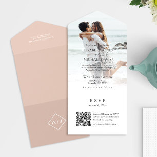 Moderne foto QR Code Peach Weddenschap All In One Uitnodiging