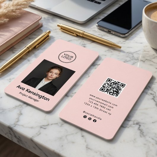 Moderne foto QR-code roze gepersonaliseerd logo Visitekaartje