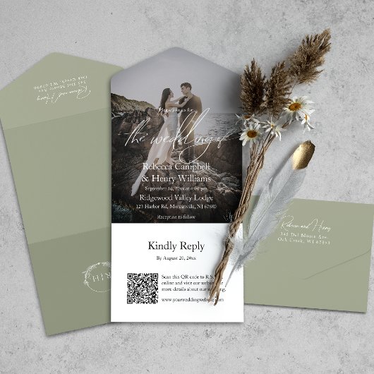 Moderne Foto QR Code RSVP Sage Groene Bruiloft All In One Uitnodiging