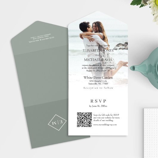 Moderne foto QR Code Sage Green Wedding All In One Uitnodiging