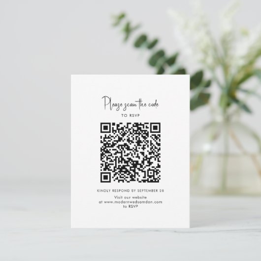Moderne foto QR-code script bruiloft RSVP Kaartje (Staand voorkant)