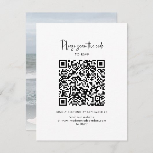 Moderne foto QR-code script bruiloft RSVP Kaartje (Voorkant / Achterkant)
