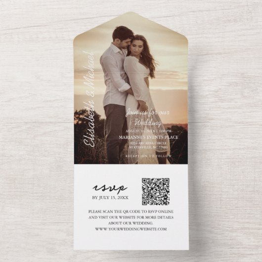 Moderne foto QR Code Smaragd Groene Bruiloft All In One Uitnodiging (Binnen)