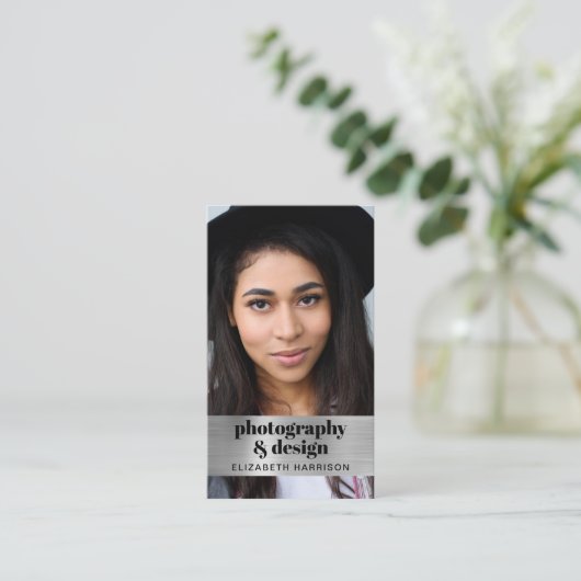 Moderne foto QR Code Zilver Visitekaartje (Staand voorkant)