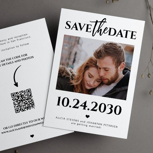 Moderne foto QR code zwart-wit bruiloft Save The Date