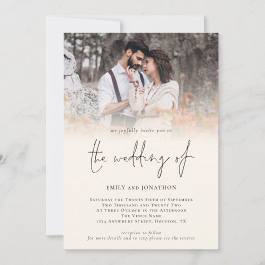 Moderne foto-QR-codescript Cream Weddenschap Kaart (Voorkant)