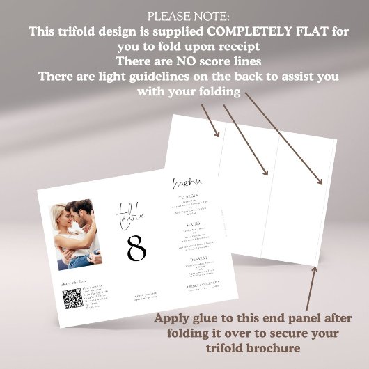Moderne Foto QR Trifold Trouwmenu Tafelnummer