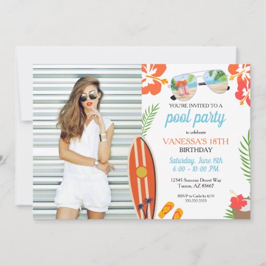 Moderne foto Retro Tropisch Zwembad Party Verjaard Kaart (Voorkant)