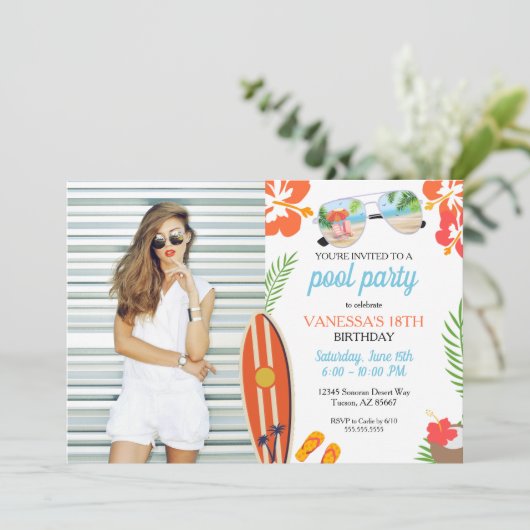 Moderne foto Retro Tropisch Zwembad Party Verjaard Kaart (Staand voorkant)