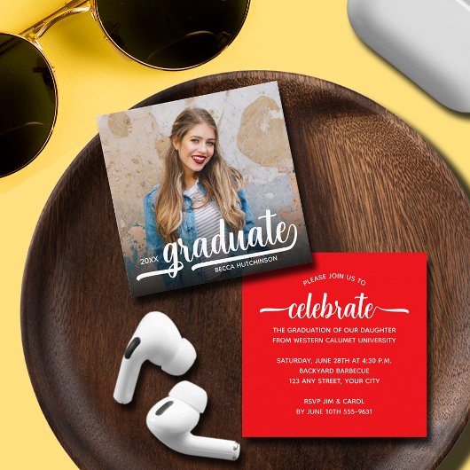 Moderne foto rode afstudeerfeest informatiekaartje