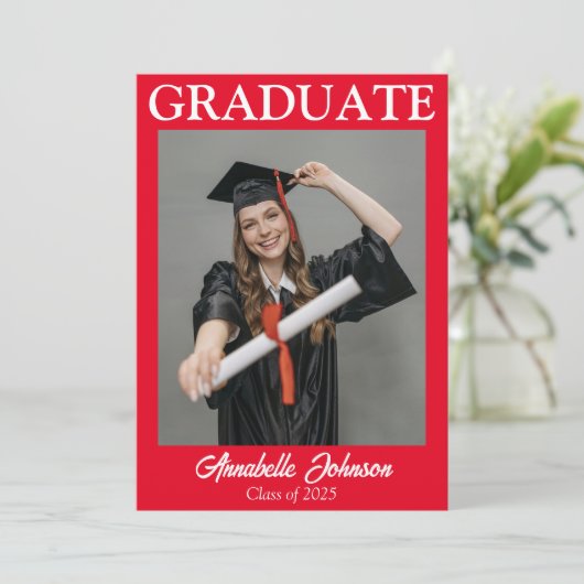 Moderne foto Rode Afstuderen Aankondiging (Staand voorkant)