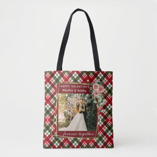 Moderne foto | Rood & Groen Plaid Gelukkige Valent Tote Bag (Voorkant)