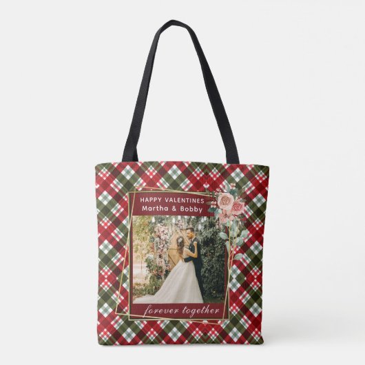 Moderne foto | Rood & Groen Plaid Gelukkige Valent Tote Bag (Achterkant)