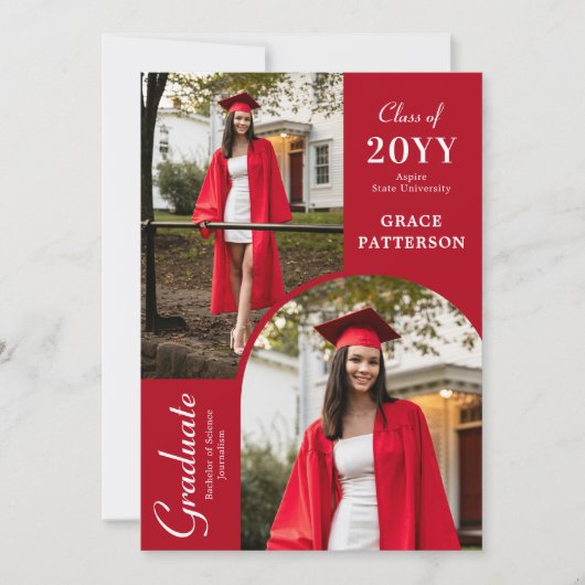 Moderne foto rood wit Afstuderen aankondiging (Voorkant)