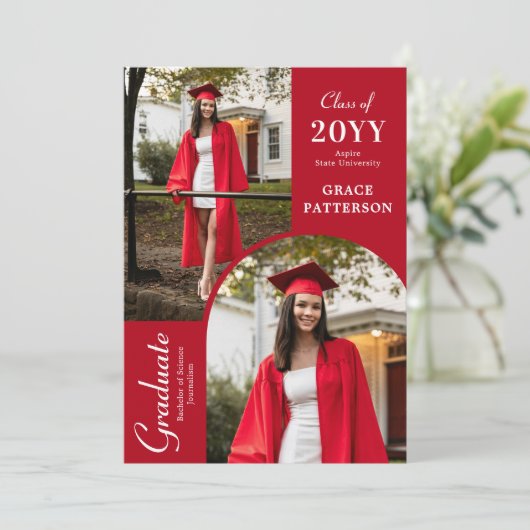 Moderne foto rood wit Afstuderen aankondiging (Staand voorkant)