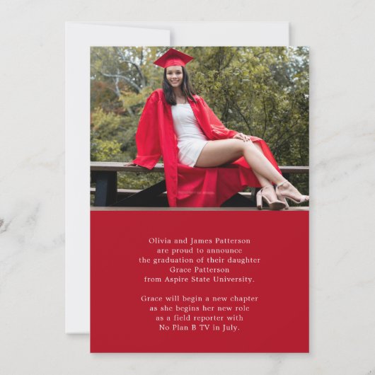 Moderne foto rood wit Afstuderen aankondiging (Achterkant)