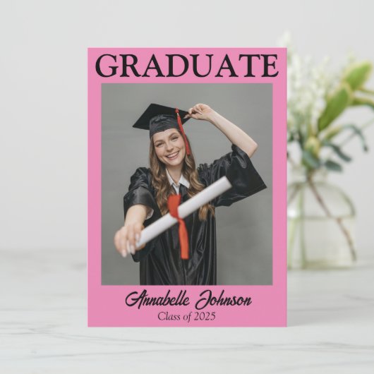 Moderne foto roze Afstuderen aankondiging (Staand voorkant)