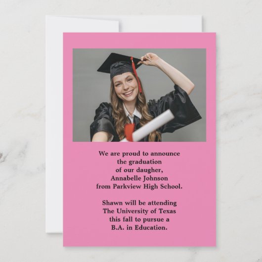 Moderne foto roze Afstuderen aankondiging (Achterkant)